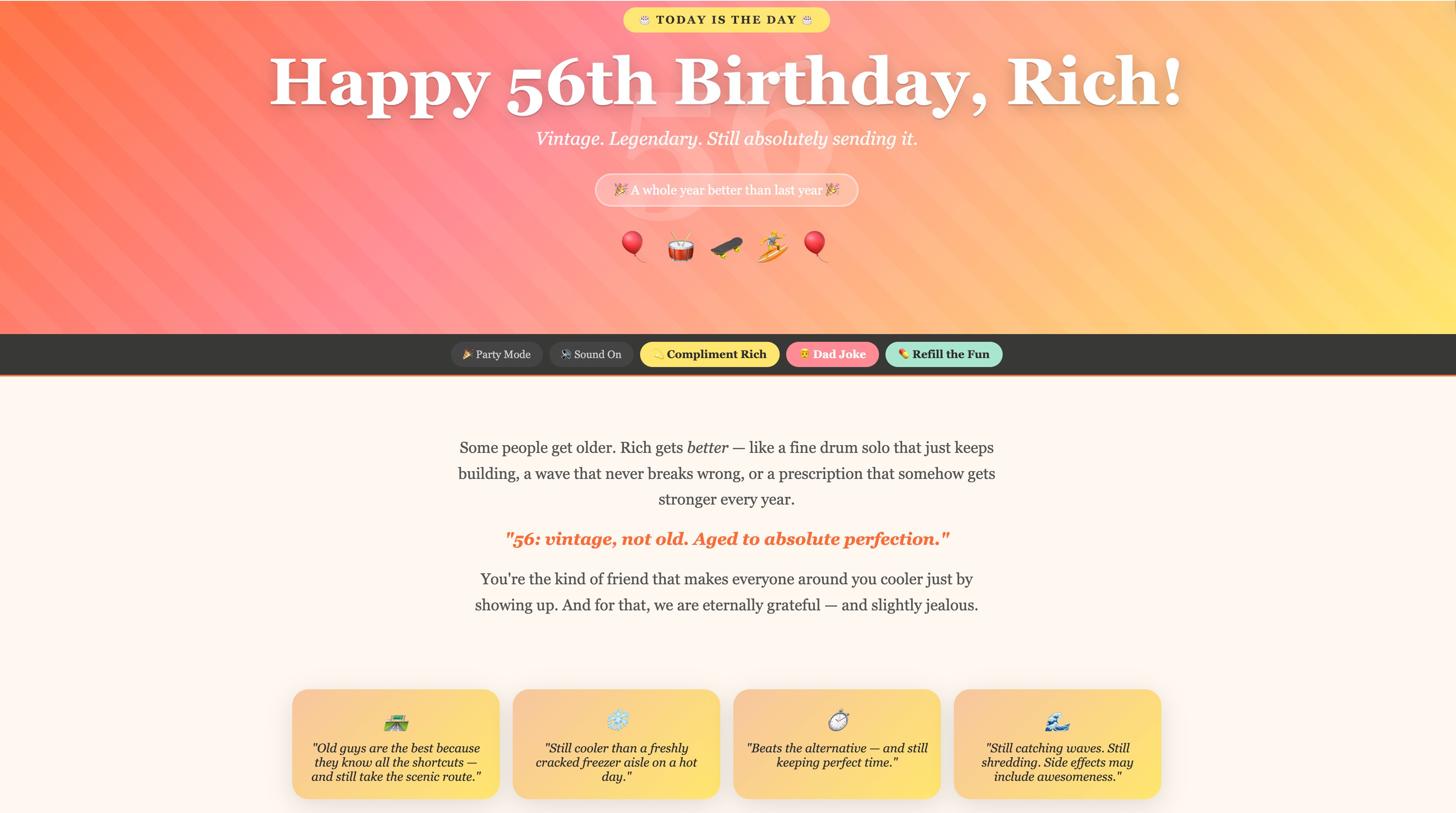 CardAnytime birthday card example - Happy 56th Birthday with colorful gradient background, party emojis, and personalized celebration design