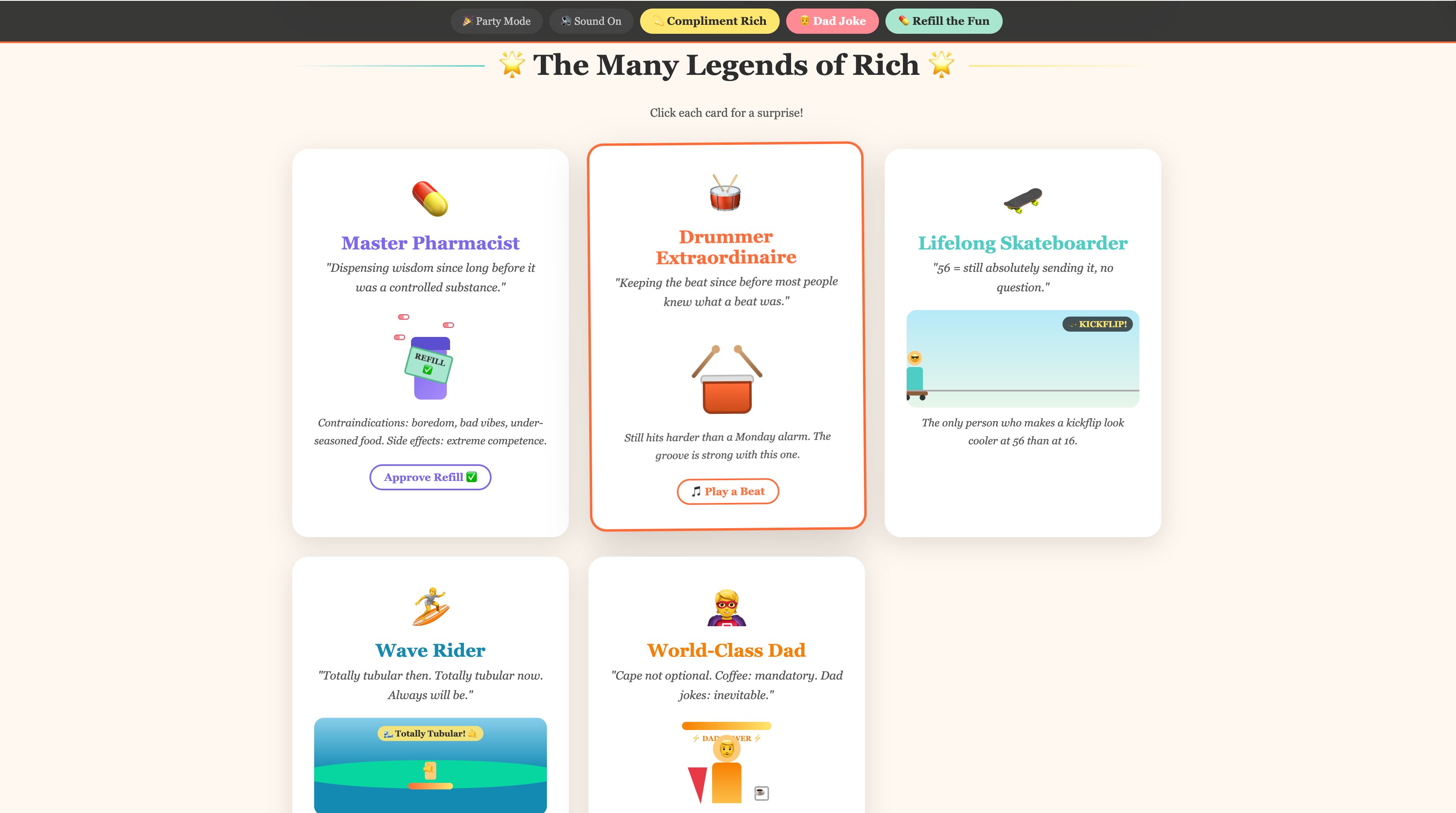 CardAnytime interactive card features - The Many Legends showcase with photos, music player, and personalized content sections