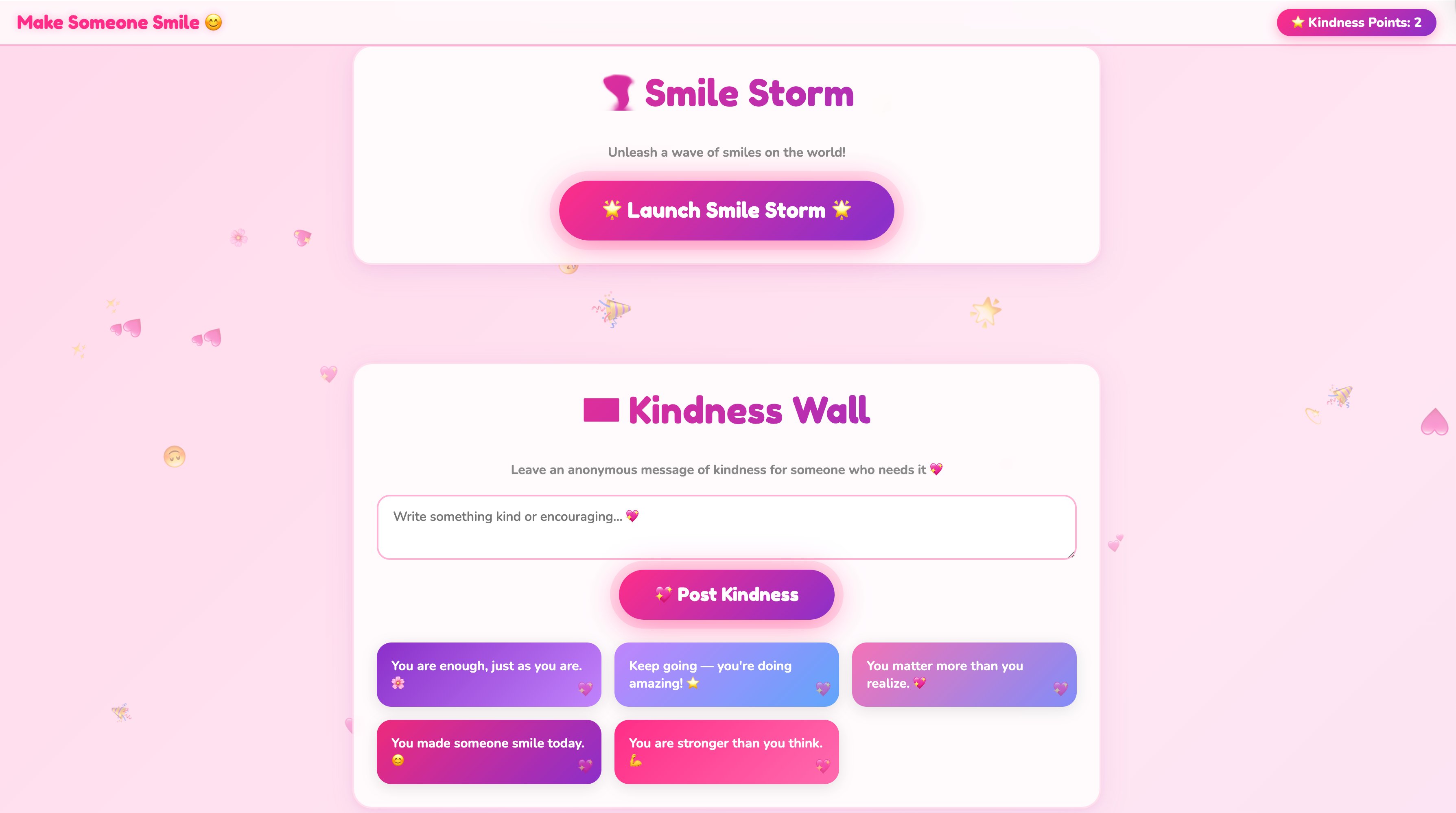 CardAnytime interactive kindness wall and smile storm features - Community engagement tools for sharing positivity